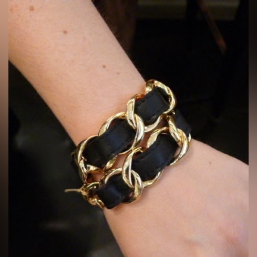 CC SKYE Double Wrap Leather Bracelet in Black and Gold